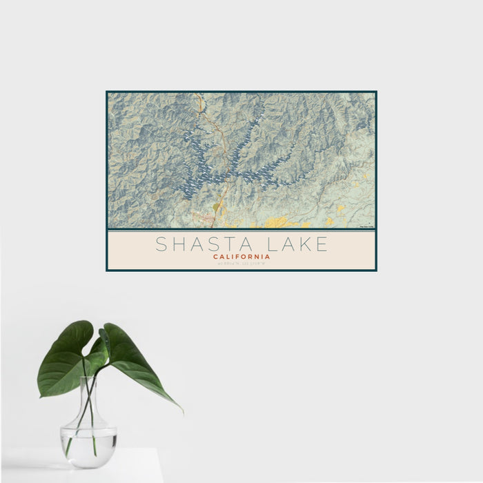 16x24 Shasta Lake California Map Print Landscape Orientation in Woodblock Style With Tropical Plant Leaves in Water