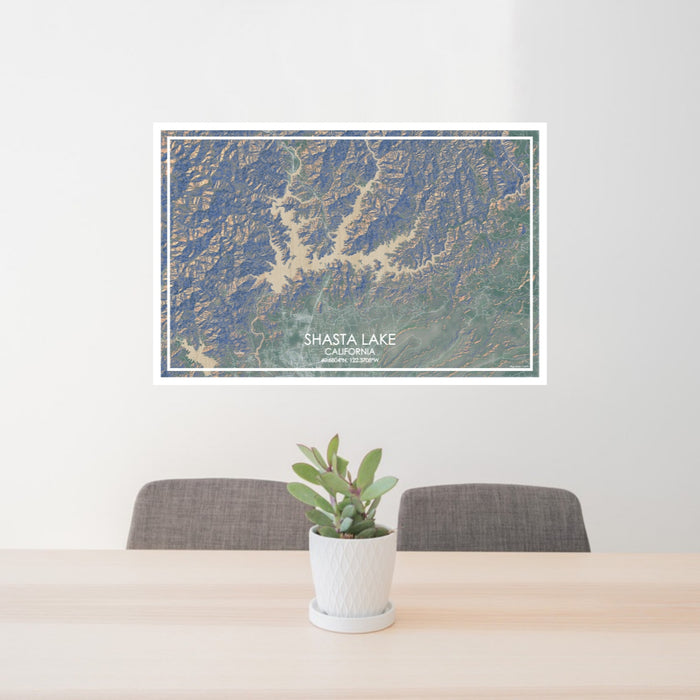 24x36 Shasta Lake California Map Print Lanscape Orientation in Afternoon Style Behind 2 Chairs Table and Potted Plant