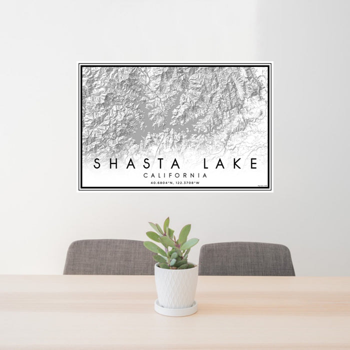 24x36 Shasta Lake California Map Print Lanscape Orientation in Classic Style Behind 2 Chairs Table and Potted Plant