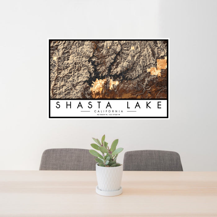 24x36 Shasta Lake California Map Print Lanscape Orientation in Ember Style Behind 2 Chairs Table and Potted Plant