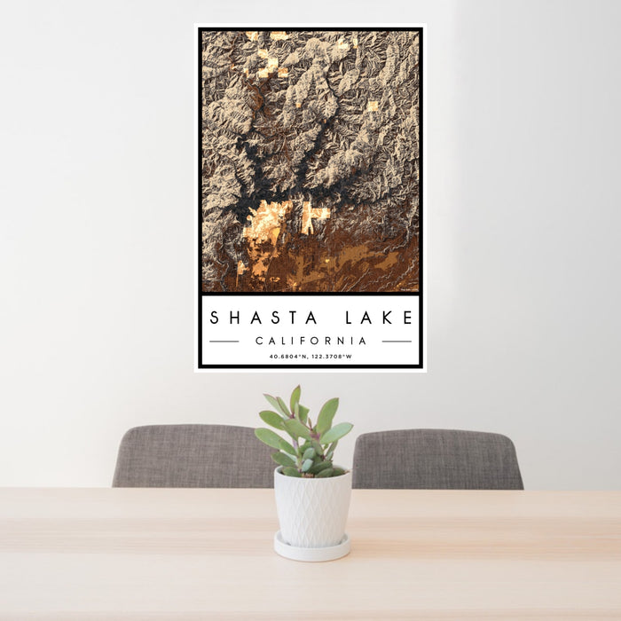 24x36 Shasta Lake California Map Print Portrait Orientation in Ember Style Behind 2 Chairs Table and Potted Plant