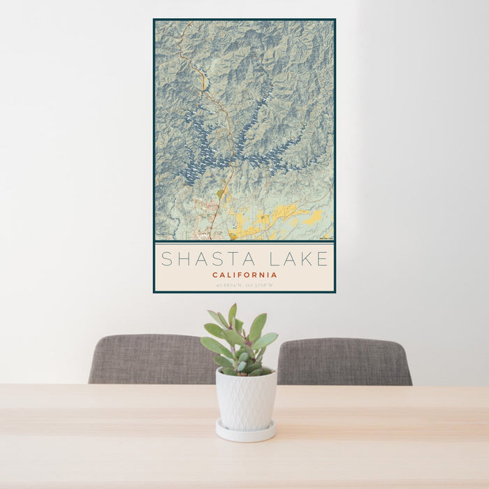 24x36 Shasta Lake California Map Print Portrait Orientation in Woodblock Style Behind 2 Chairs Table and Potted Plant