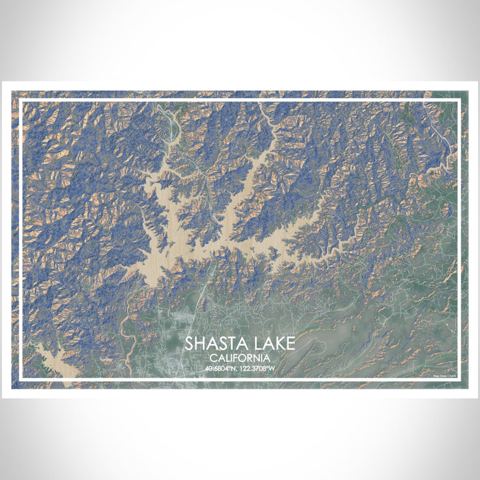 Shasta Lake California Map Print Landscape Orientation in Afternoon Style With Shaded Background