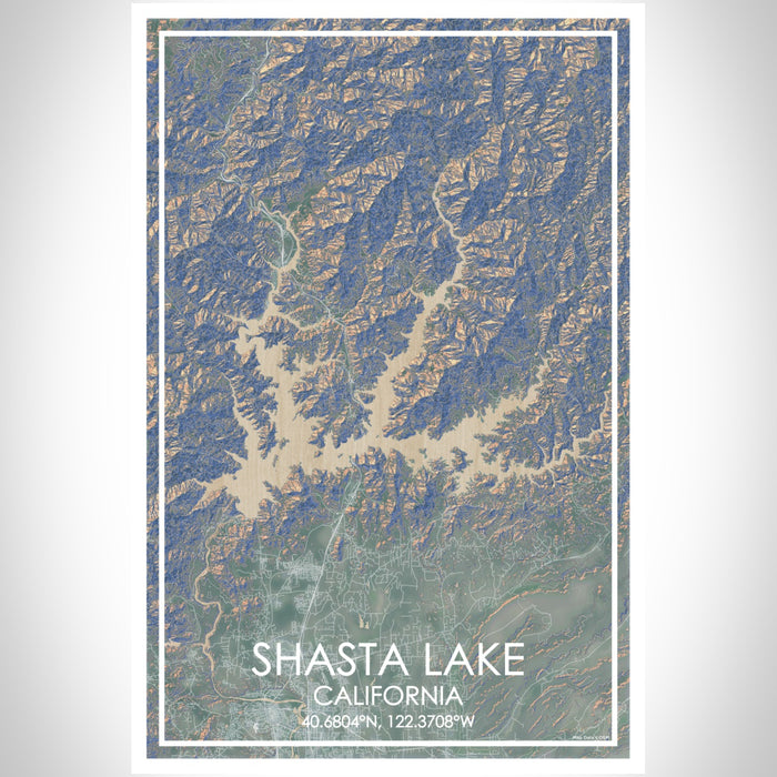 Shasta Lake California Map Print Portrait Orientation in Afternoon Style With Shaded Background