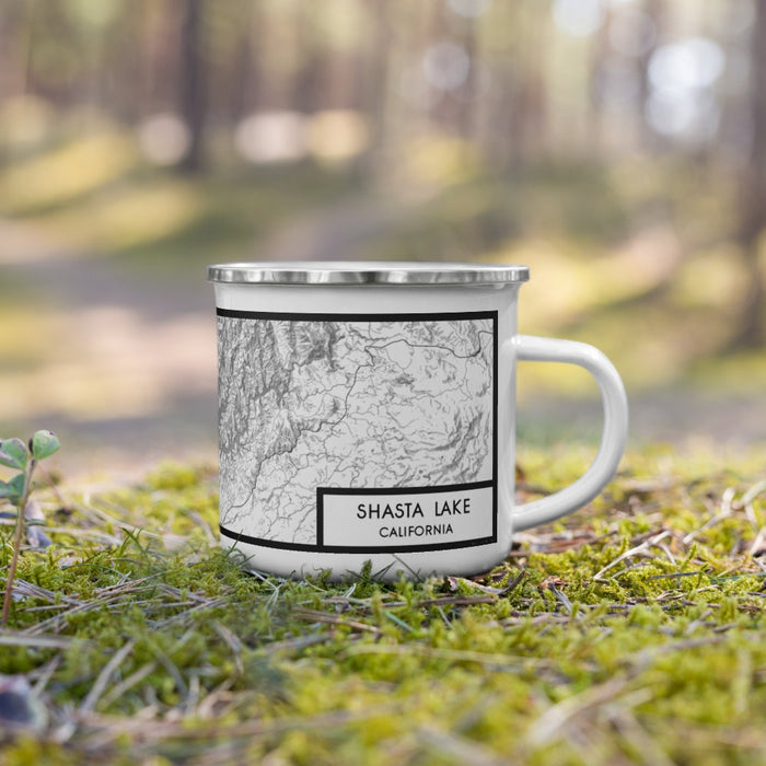 Right View Custom Shasta Lake California Map Enamel Mug in Classic on Grass With Trees in Background
