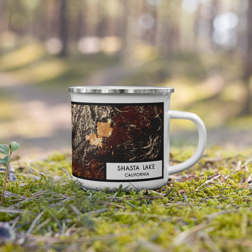 Right View Custom Shasta Lake California Map Enamel Mug in Ember on Grass With Trees in Background