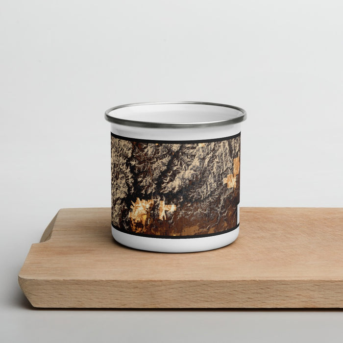 Front View Custom Shasta Lake California Map Enamel Mug in Ember on Cutting Board