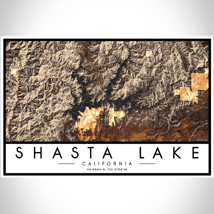 Shasta Lake California Map Print Landscape Orientation in Ember Style With Shaded Background