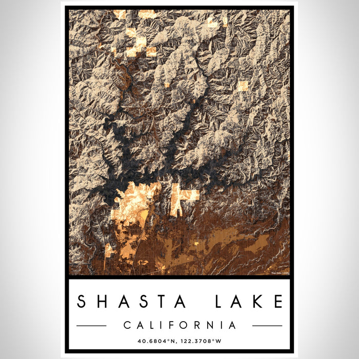 Shasta Lake California Map Print Portrait Orientation in Ember Style With Shaded Background