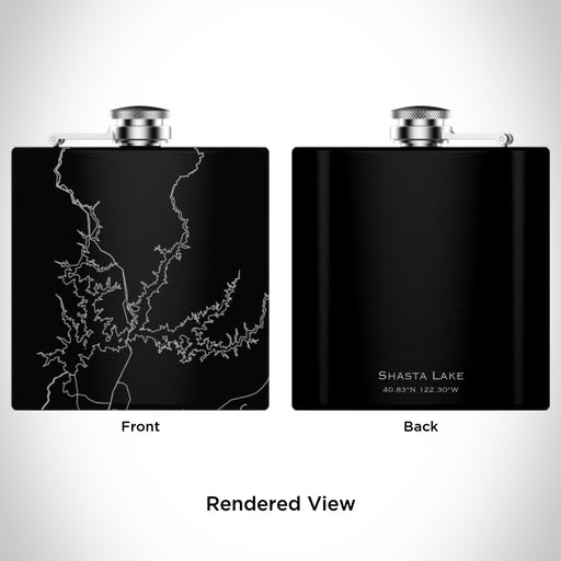 Rendered View of Shasta Lake California Map Engraving on 6oz Stainless Steel Flask in Black