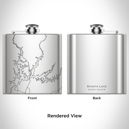 Rendered View of Shasta Lake California Map Engraving on 6oz Stainless Steel Flask