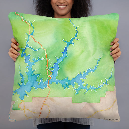 Person holding 22x22 Custom Shasta Lake California Map Throw Pillow in Watercolor