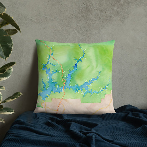 Custom Shasta Lake California Map Throw Pillow in Watercolor on Bedding Against Wall