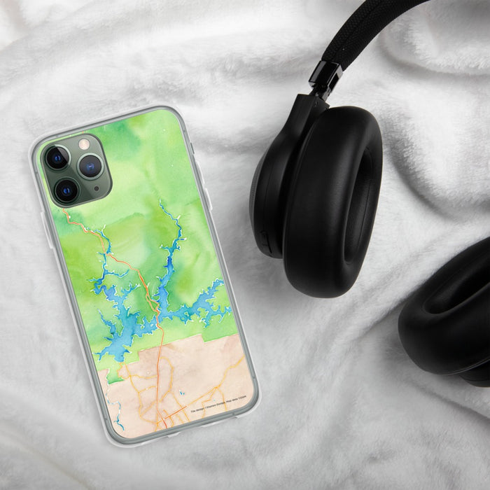 Custom Shasta Lake California Map Phone Case in Watercolor on Table with Black Headphones