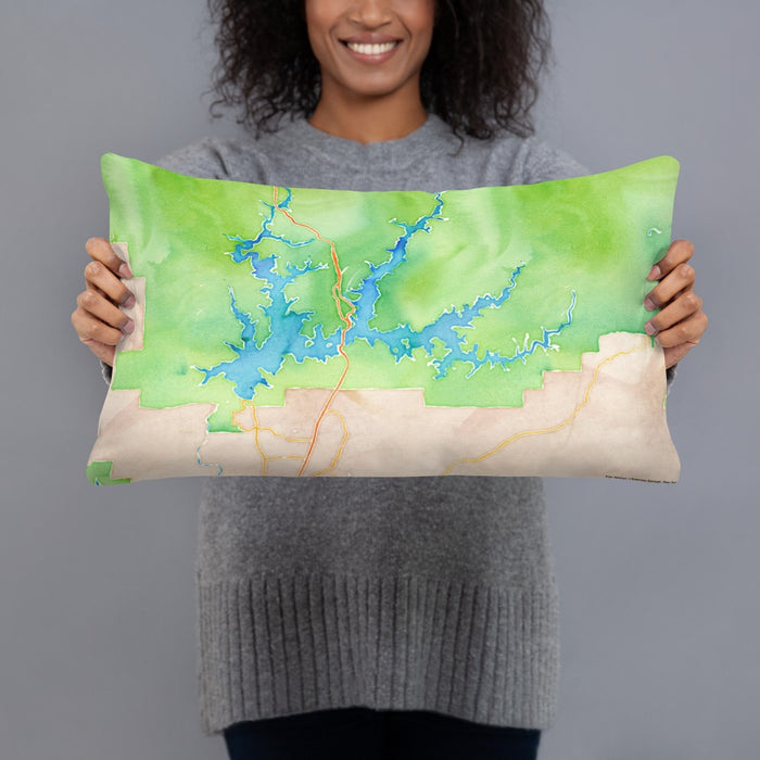 Person holding 20x12 Custom Shasta Lake California Map Throw Pillow in Watercolor