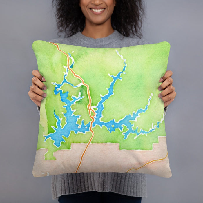 Person holding 18x18 Custom Shasta Lake California Map Throw Pillow in Watercolor