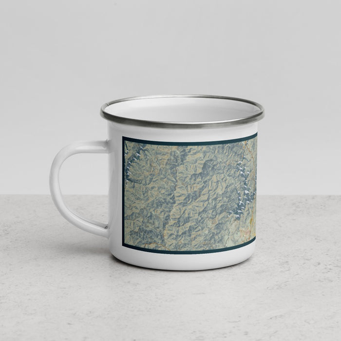 Left View Custom Shasta Lake California Map Enamel Mug in Woodblock