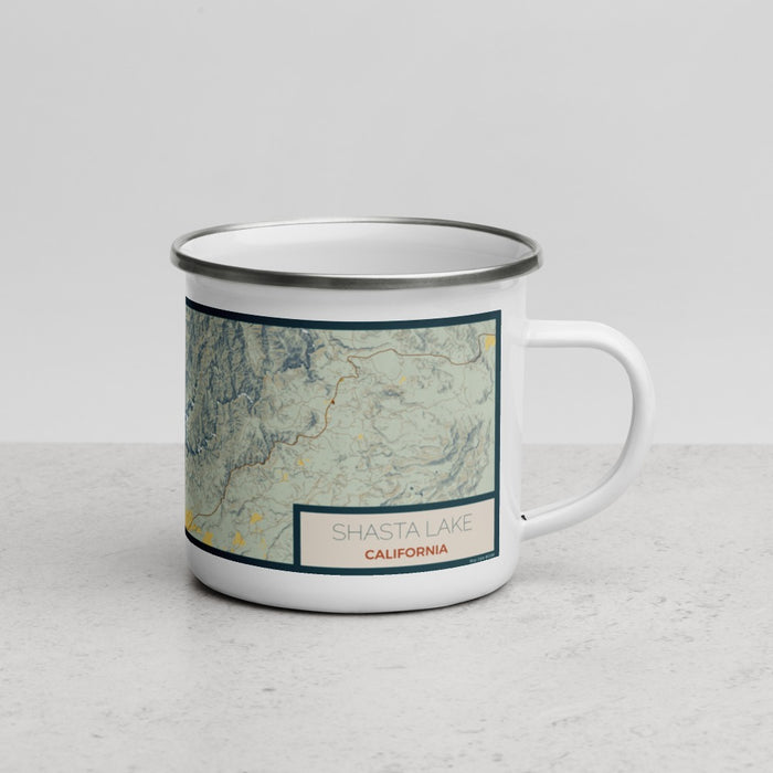 Right View Custom Shasta Lake California Map Enamel Mug in Woodblock