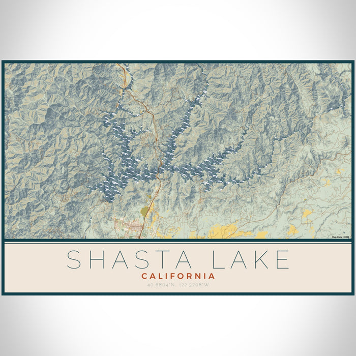 Shasta Lake California Map Print Landscape Orientation in Woodblock Style With Shaded Background
