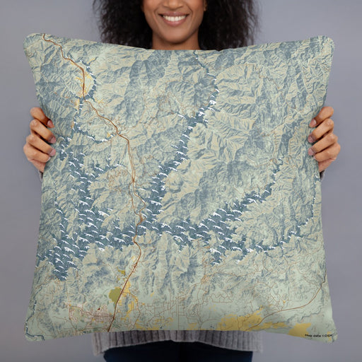 Person holding 22x22 Custom Shasta Lake California Map Throw Pillow in Woodblock