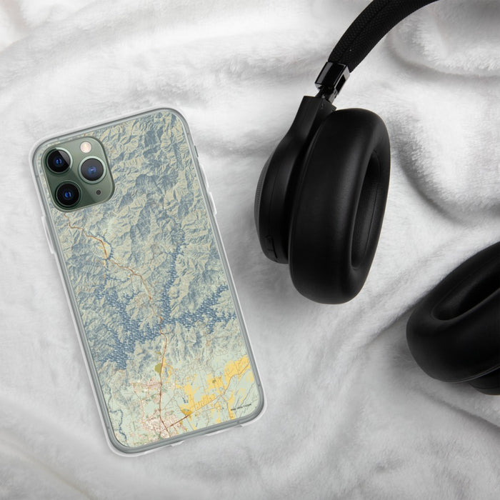 Custom Shasta Lake California Map Phone Case in Woodblock on Table with Black Headphones