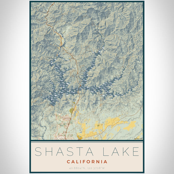 Shasta Lake California Map Print Portrait Orientation in Woodblock Style With Shaded Background