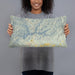 Person holding 20x12 Custom Shasta Lake California Map Throw Pillow in Woodblock