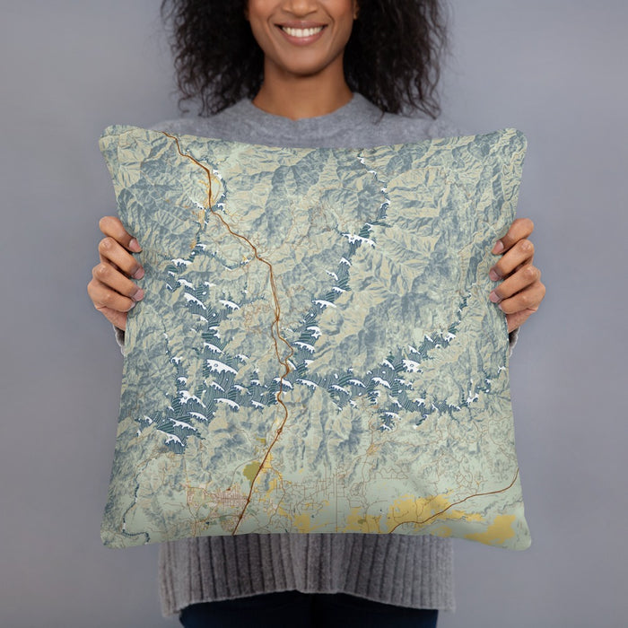 Person holding 18x18 Custom Shasta Lake California Map Throw Pillow in Woodblock