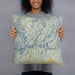 Person holding 18x18 Custom Shasta Lake California Map Throw Pillow in Woodblock