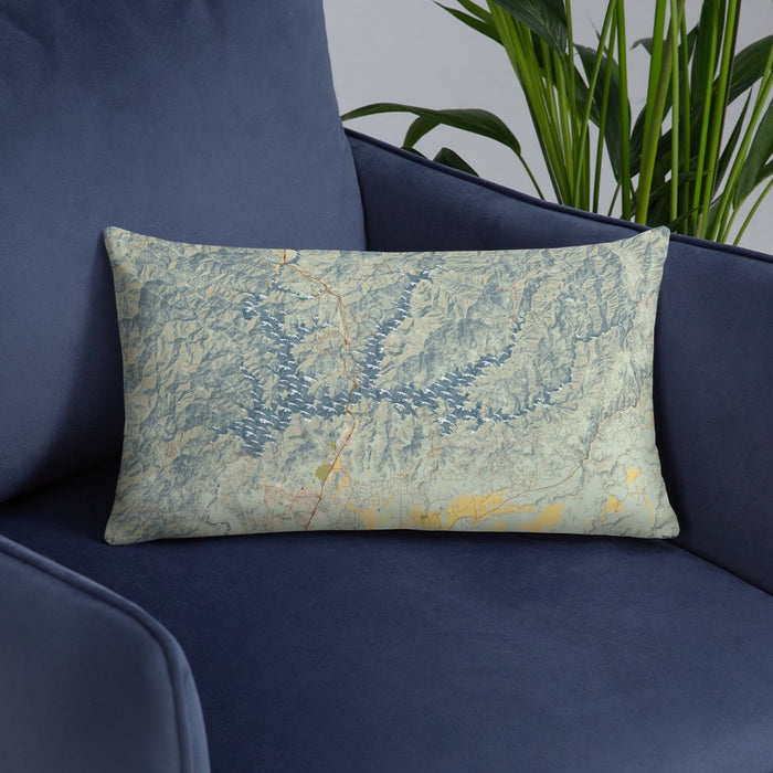 Custom Shasta Lake California Map Throw Pillow in Woodblock on Blue Colored Chair