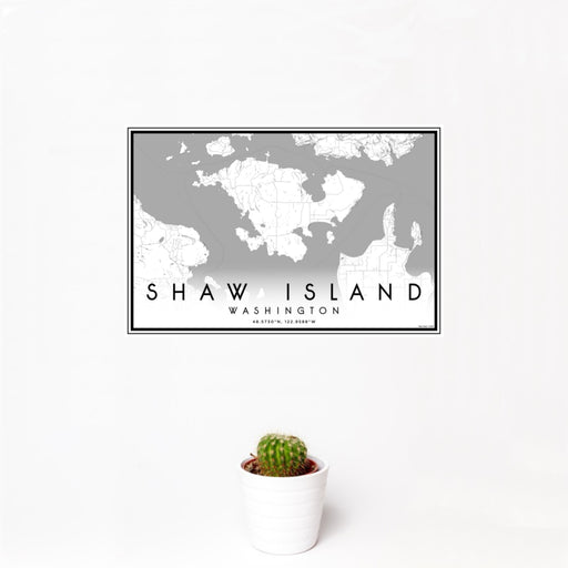 12x18 Shaw Island Washington Map Print Landscape Orientation in Classic Style With Small Cactus Plant in White Planter