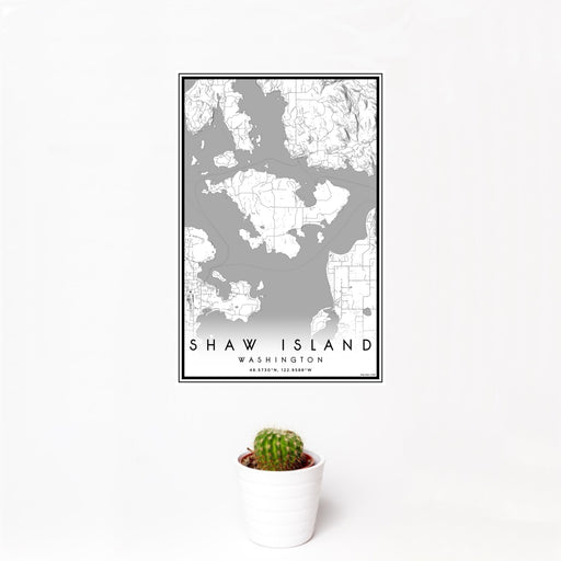 12x18 Shaw Island Washington Map Print Portrait Orientation in Classic Style With Small Cactus Plant in White Planter