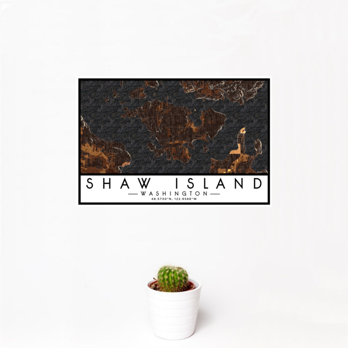 12x18 Shaw Island Washington Map Print Landscape Orientation in Ember Style With Small Cactus Plant in White Planter