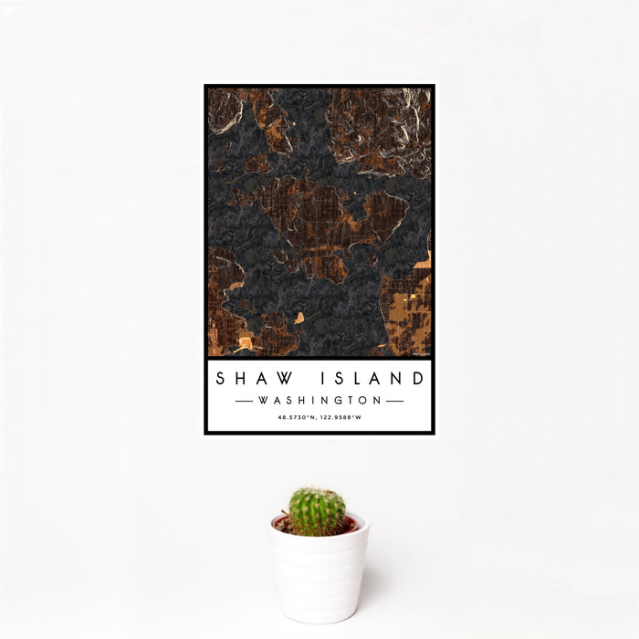12x18 Shaw Island Washington Map Print Portrait Orientation in Ember Style With Small Cactus Plant in White Planter