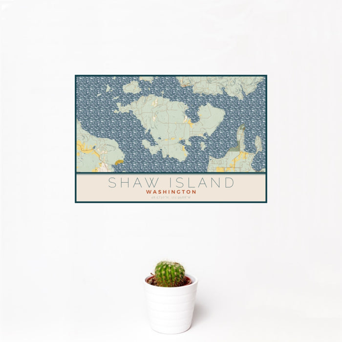 12x18 Shaw Island Washington Map Print Landscape Orientation in Woodblock Style With Small Cactus Plant in White Planter