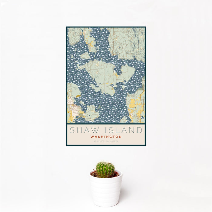 12x18 Shaw Island Washington Map Print Portrait Orientation in Woodblock Style With Small Cactus Plant in White Planter