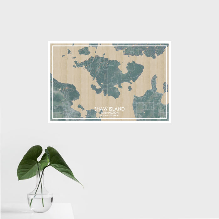 16x24 Shaw Island Washington Map Print Landscape Orientation in Afternoon Style With Tropical Plant Leaves in Water