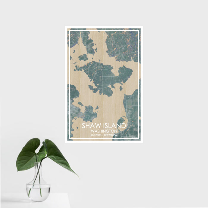 16x24 Shaw Island Washington Map Print Portrait Orientation in Afternoon Style With Tropical Plant Leaves in Water