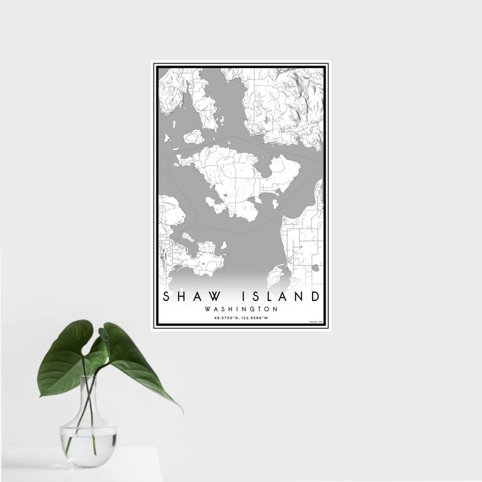 16x24 Shaw Island Washington Map Print Portrait Orientation in Classic Style With Tropical Plant Leaves in Water