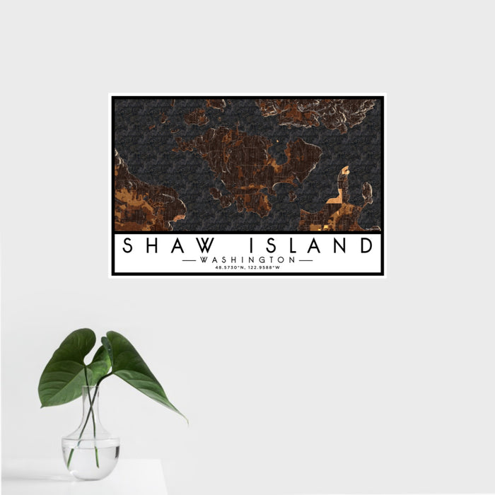 16x24 Shaw Island Washington Map Print Landscape Orientation in Ember Style With Tropical Plant Leaves in Water