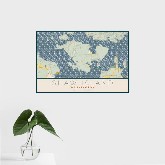 16x24 Shaw Island Washington Map Print Landscape Orientation in Woodblock Style With Tropical Plant Leaves in Water
