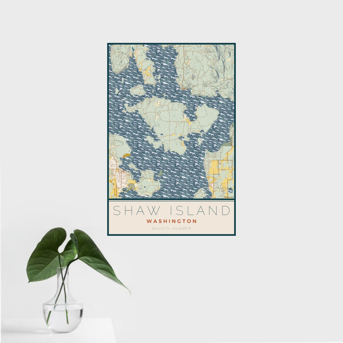 16x24 Shaw Island Washington Map Print Portrait Orientation in Woodblock Style With Tropical Plant Leaves in Water