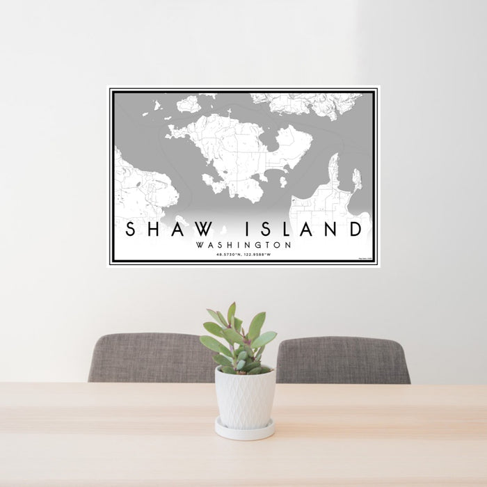 24x36 Shaw Island Washington Map Print Lanscape Orientation in Classic Style Behind 2 Chairs Table and Potted Plant