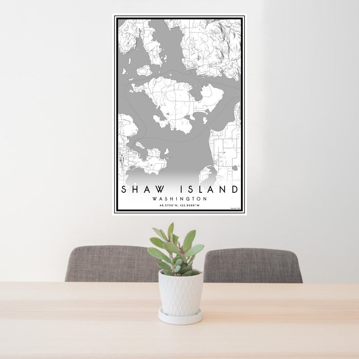24x36 Shaw Island Washington Map Print Portrait Orientation in Classic Style Behind 2 Chairs Table and Potted Plant