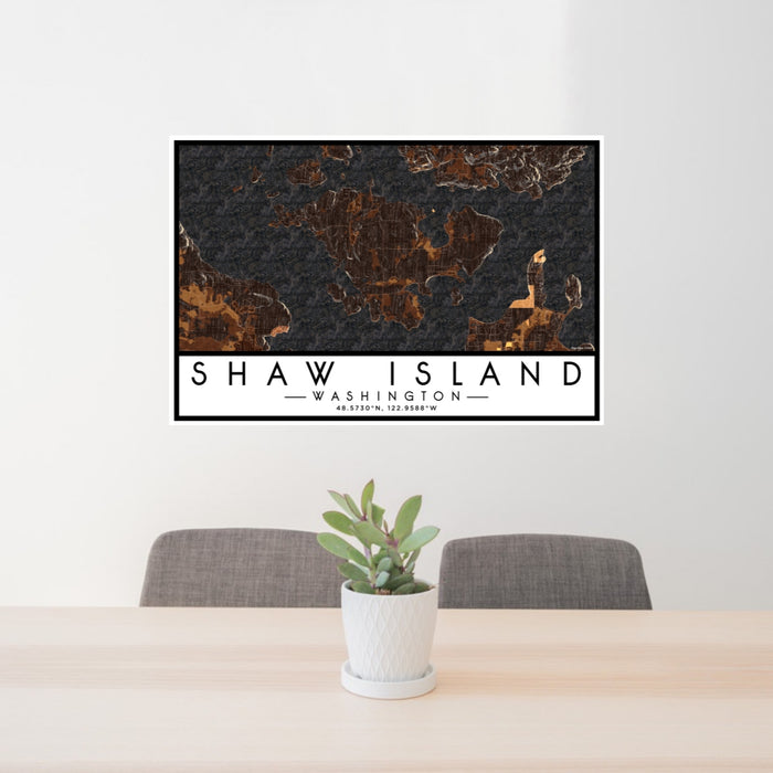 24x36 Shaw Island Washington Map Print Lanscape Orientation in Ember Style Behind 2 Chairs Table and Potted Plant