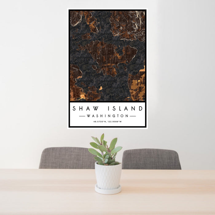 24x36 Shaw Island Washington Map Print Portrait Orientation in Ember Style Behind 2 Chairs Table and Potted Plant
