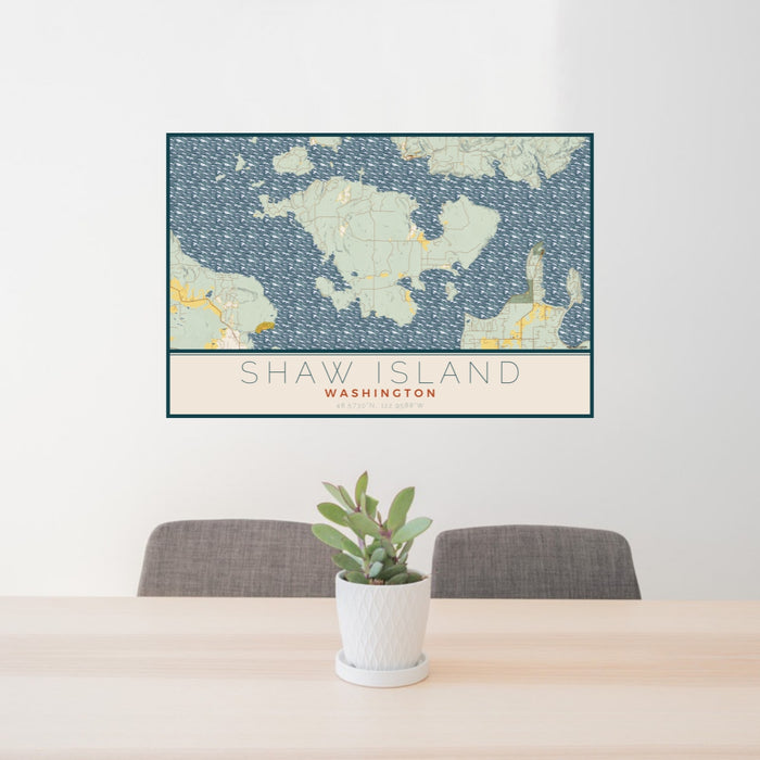 24x36 Shaw Island Washington Map Print Lanscape Orientation in Woodblock Style Behind 2 Chairs Table and Potted Plant