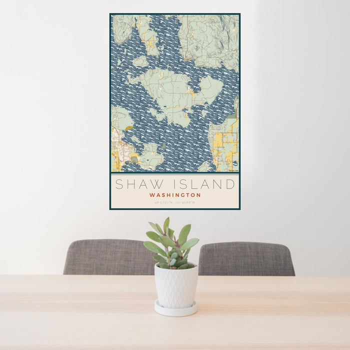 24x36 Shaw Island Washington Map Print Portrait Orientation in Woodblock Style Behind 2 Chairs Table and Potted Plant