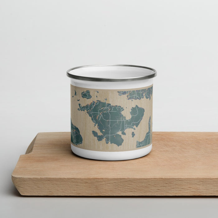 Front View Custom Shaw Island Washington Map Enamel Mug in Afternoon on Cutting Board