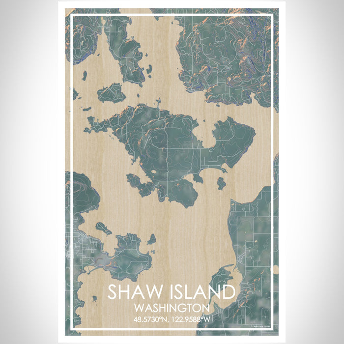 Shaw Island Washington Map Print Portrait Orientation in Afternoon Style With Shaded Background